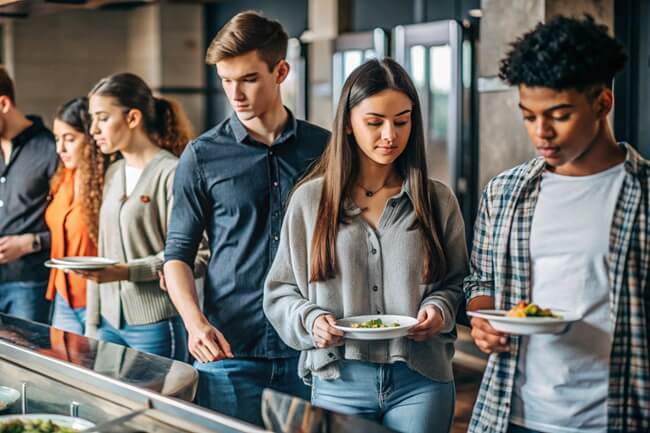 Students in line to use cashless payment options at the cafeteria